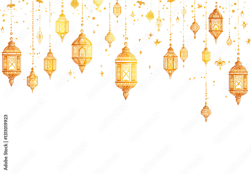 Golden Ramadan lamp hanging pattern with a white background, a flat vector illustration with a lot of copy space on the left side for text Golden Ramadan lamp hanging pattern with a white background, a flat vector illustration with a lot of copy space on the left side for text