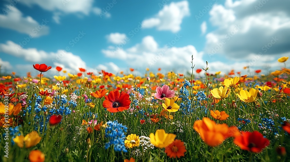 Obraz premium Colorful wildflowers blooming in a vibrant meadow under a bright blue sky creating a picturesque scene of natural beauty and tranquility