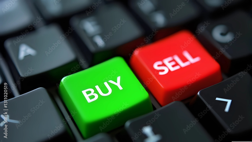 Computer keyboard 'Buy' and 'Sell' button. Symbolize fundamental actions in trading, finance, and e-commerce. Green and red typically positive and negative actions, representation of market decisions Computer keyboard 'Buy' and 'Sell' button. Symbolize fundamental actions in trading, finance, and e-commerce. Green and red typically positive and negative actions, representation of market decisions