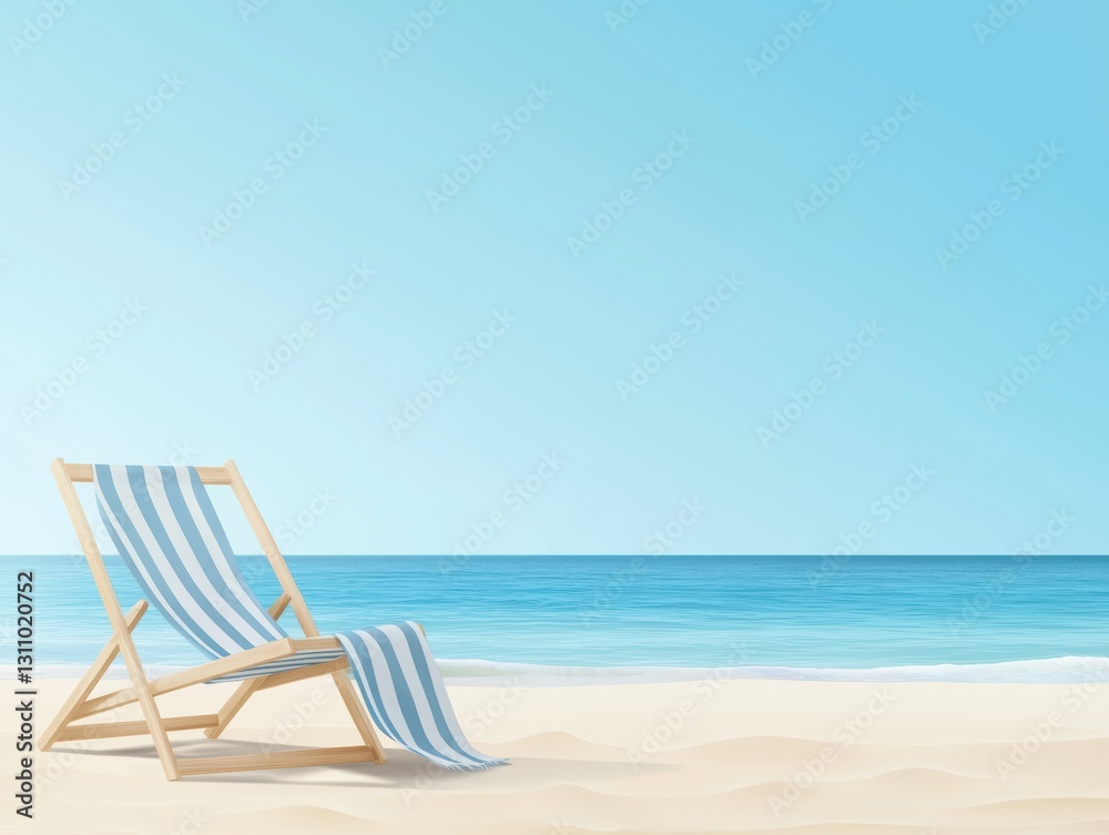 Beach chair with a striped towel, on a sandy shore with a clear horizon, ready for a relaxing summer day by the sea Beach chair with a striped towel, on a sandy shore with a clear horizon, ready for a relaxing summer day by the sea