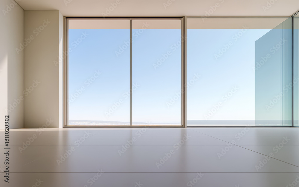 Fototapeta premium Bright and spacious modern interior with large glass windows overlooking the ocean