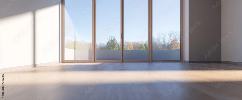 Fototapeta premium Spacious interior with large windows offering a view of nature during daylight