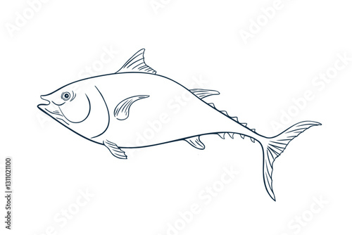Bluefin tuna fish black white vector illustration. Sea fish coloring hand drawn. Albacore tuna painted linear art. Mackerel drawing in graphic outline. Design element for package, label, sign board.