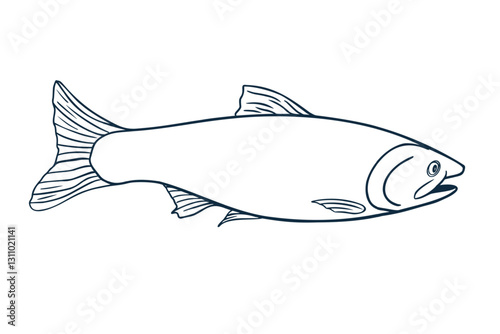 Trout fish black white vector illustration. Salmon monochrome sketch hand drawn. Nerka sea fish painted ink linear art. Sockeye drawing in contour. Design element for package, label, sign board.