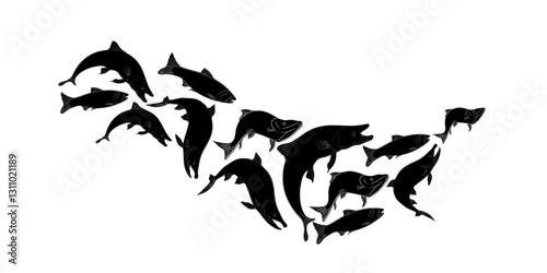 School of fish salmon black silhouette vector illustration on white. Shoal trout hand drawn. Flock nerka sea fish painted linear. Group of sockeye drawing in monochrome. Element for package, label.