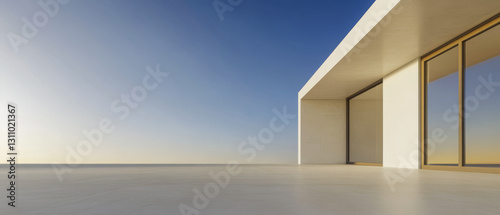 Modern architectural design featuring a minimalist terrace with expansive views at sunset