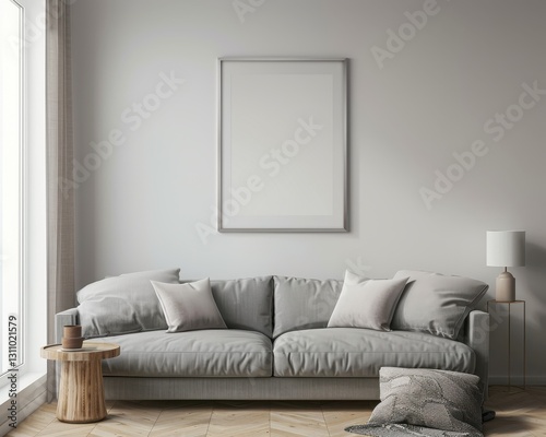 A living room with a grey sofa. a large framed artwork. and a side table with a lamp