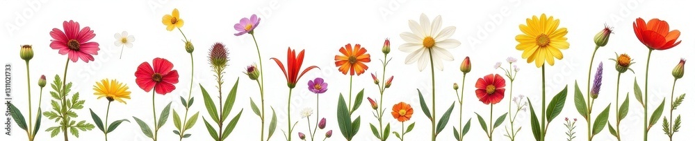 Fototapeta premium Delicate pressed wildflowers, vibrant hues, white backdrop, dry flowers, arrangement