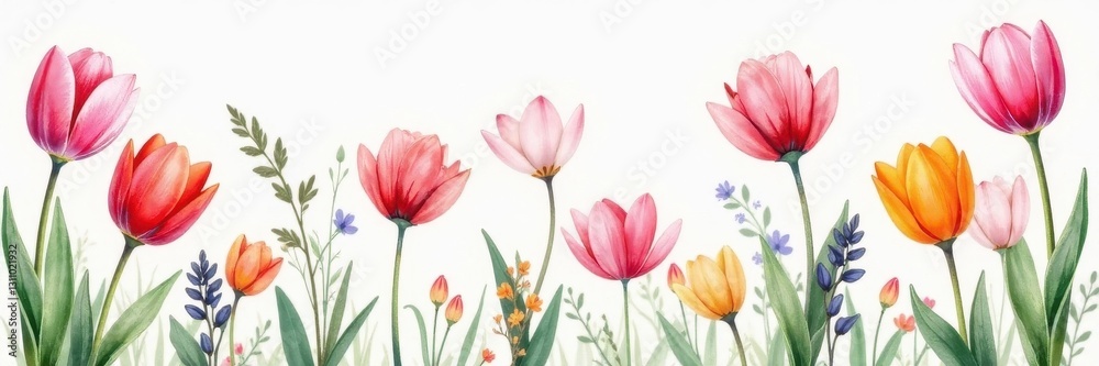 Obraz premium Delicate watercolor tulips & crocuses, seamless spring floral pattern , blossom, wallpaper