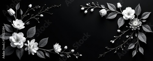 Elegant black and white floral wreath on dark background, respect, white