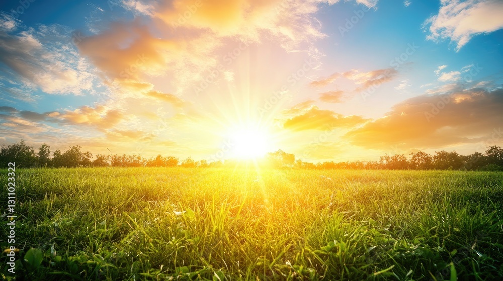 A bright sunrise over a lush green field with golden rays symbolizing abundance and new beginnings. A bright sunrise over a lush green field with golden rays symbolizing abundance and new beginnings.