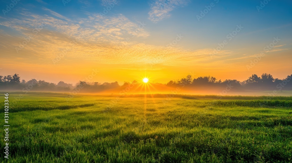 A bright sunrise over a lush green field with golden rays symbolizing abundance and new beginnings. A bright sunrise over a lush green field with golden rays symbolizing abundance and new beginnings.