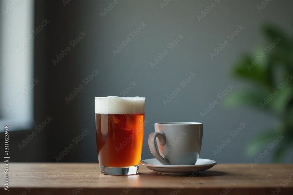 Grey backdrop, sophisticated figure with warm beverage , business, elegant, executive Grey backdrop, sophisticated figure with warm beverage , business, elegant, executive
