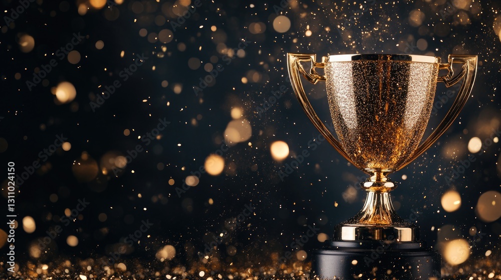 A championship trophy cup surrounded by floating golden sparkles on black. A championship trophy cup surrounded by floating golden sparkles on black.
