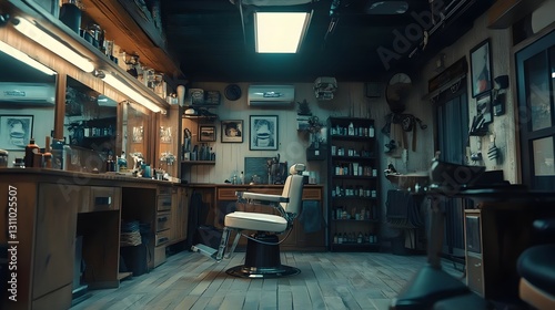 Vintage barber shop interior with classic styling chair, wooden decor, and grooming products displayed