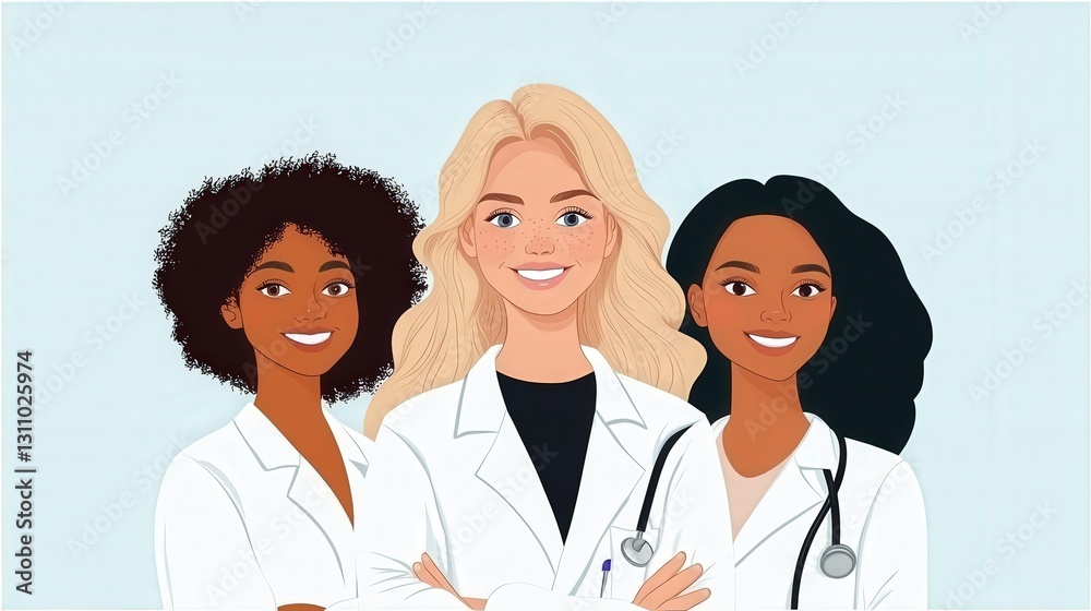 Three diverse female doctors smiling confidently in lab coats.