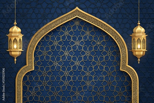 Wallpaper Mural Elegant golden arches and lanterns with detailed geometric patterns on a blue backdrop, bringing an Islamic background rich with tradition and luxury Torontodigital.ca