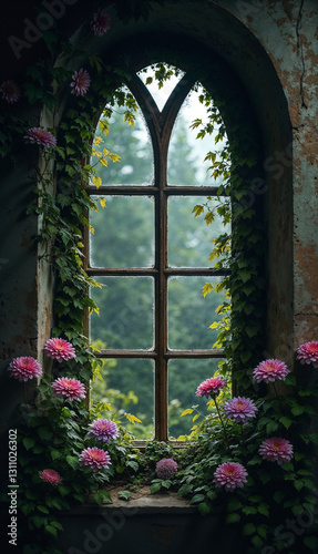 Beautiful fantasy castle window looking out to forest, peaceful old room with flowers growing on walls