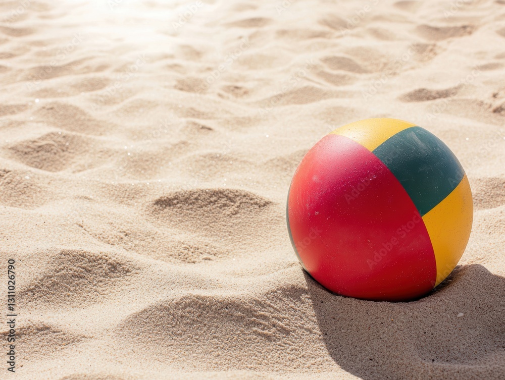 Obraz premium Beach ball halfburied in sand, near a tide line with seaweed, under a blazing summer sun, suggesting playful coastal vibes