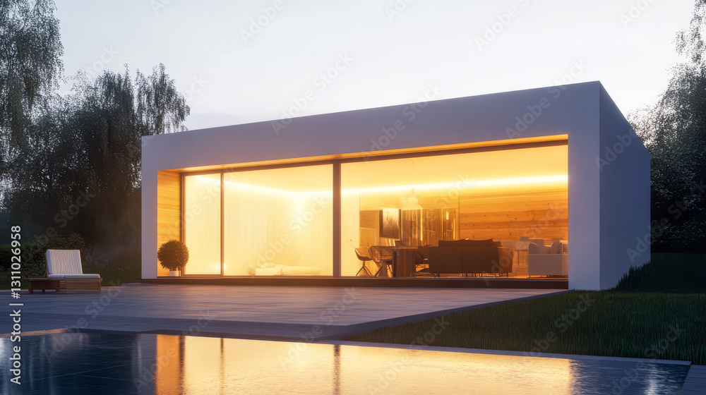 Modern house with warm lighting surrounded by nature at dusk Modern house with warm lighting surrounded by nature at dusk
