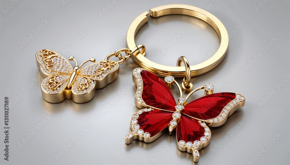 Elegant butterfly keychain with red and gold details, adorned with sparkling gemstones Elegant butterfly keychain with red and gold details, adorned with sparkling gemstones