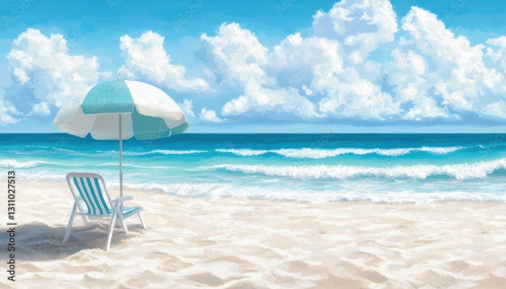 Bright beach umbrella in sand, with a chair and waves nearby, offering shade in a classic summer beach decor scene Bright beach umbrella in sand, with a chair and waves nearby, offering shade in a classic summer beach decor scene