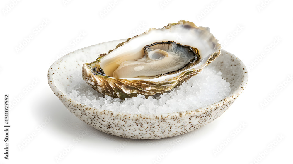 Fresh Oyster on Plate Surrounded by Sea Salt with White Background for Culinary Concepts Fresh Oyster on Plate Surrounded by Sea Salt with White Background for Culinary Concepts
