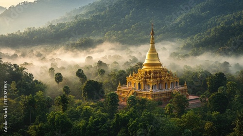 A golden temple rising above a misty forest, bathed in warm morning light.