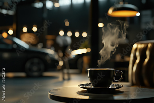 Steaming Coffee Cup Luxury Car Showroom Elegant Lifestyle Morning Beverage Black Gold Interior Design