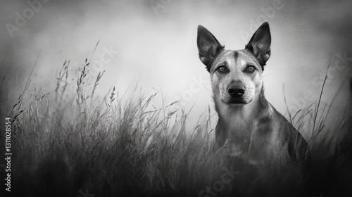 Loyal Gaze: A focused dog, amidst a field of tall grass, fixedly stares at the camera, expressing trust and loyalty, captured in a timeless monochrome shot.