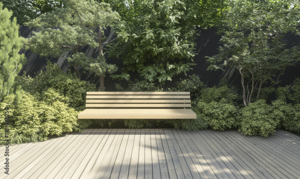 Wooden bench surrounded by lush greenery in a peaceful outdoor setting Wooden bench surrounded by lush greenery in a peaceful outdoor setting