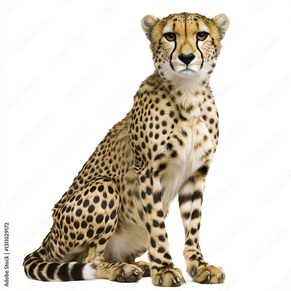 Cheetah sitting on white background, showcasing its spotted fur Cheetah sitting on white background, showcasing its spotted fur