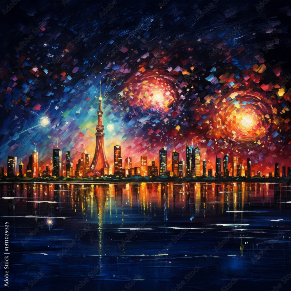 Naklejka premium Vibrant Cityscape at Night with Cosmic Sky and Water Reflections