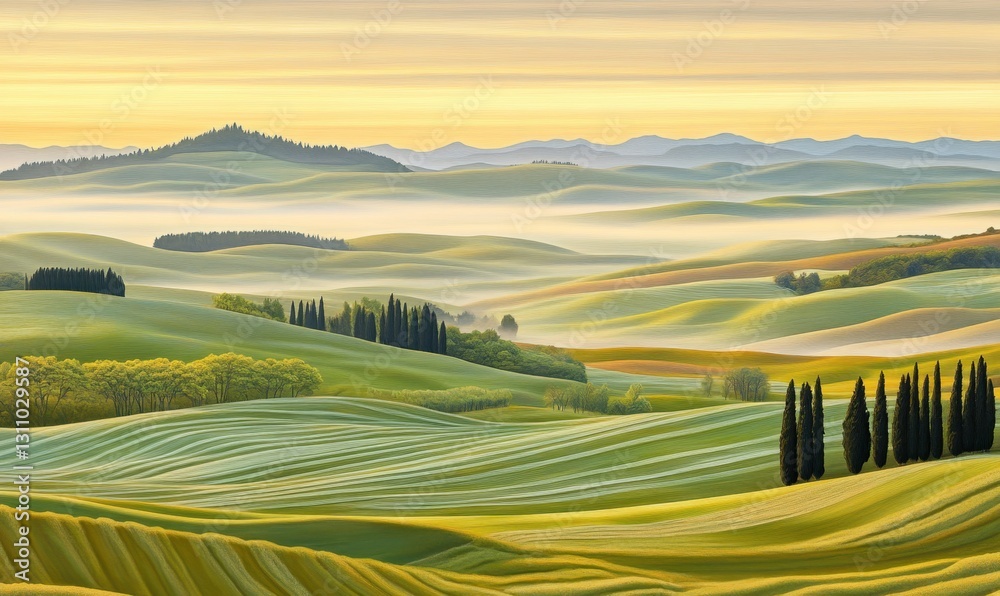 Obraz premium Misty sunrise over rolling green hills, ideal for nature backgrounds