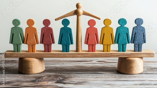 Minimalist scale balancing diverse employees on both sides, equal pay and workplace fairness, white background, copy space