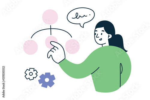 Vector illustration of businesswoman giving presentation. Woman points at chart, workflow, or hierarchical diagram, showing tasks or making decisions. Flat cartoon character, simple composition