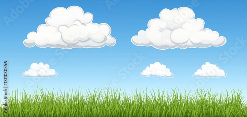 Fluffy cloud in a blue sky, over a meadow with grass, light in a summer weather texture moment