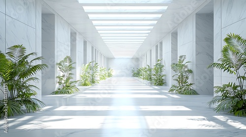 Modern White Marble Hallway with Green Plants Bright Luxury Interior Design