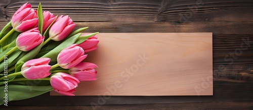 Pink tulips arranged beside a blank card on a rustic wooden surface with ample copy space for design and text elements.