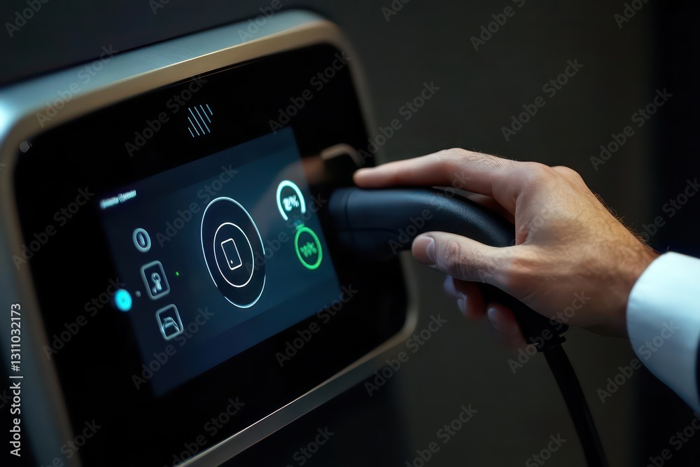 A close-up of a man's hands connecting an electric car charger, with a display showing battery percentage increasing A close-up of a man's hands connecting an electric car charger, with a display showing battery percentage increasing