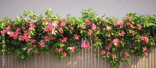 Tropical flowering shrub adorned with vibrant pink blossoms cascading over a wooden fence with lush green leaves against a light gray background