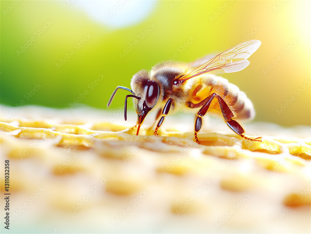 Naklejka premium Close-up of honey bee collecting nectar from honeycomb cells, showing intricate details of bee's wings and body. Natural lighting emphasizes the golden colors of honey production