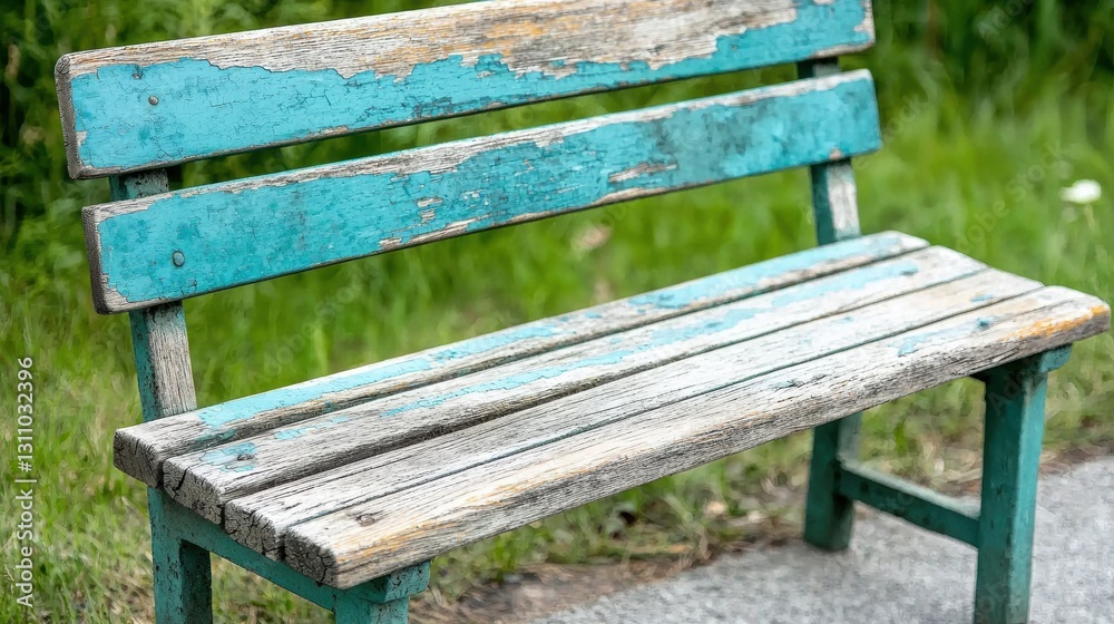 A weathered wooden bench with peeling paint and a worn seat. A weathered wooden bench with peeling paint and a worn seat.
