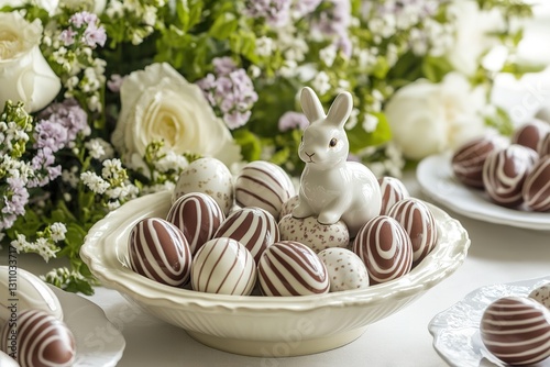 Beautiful Easter chocolate eggs in elegant bowl with white bunny figurine. Festive holiday decoration with floral background of white roses and purple flowers. photo