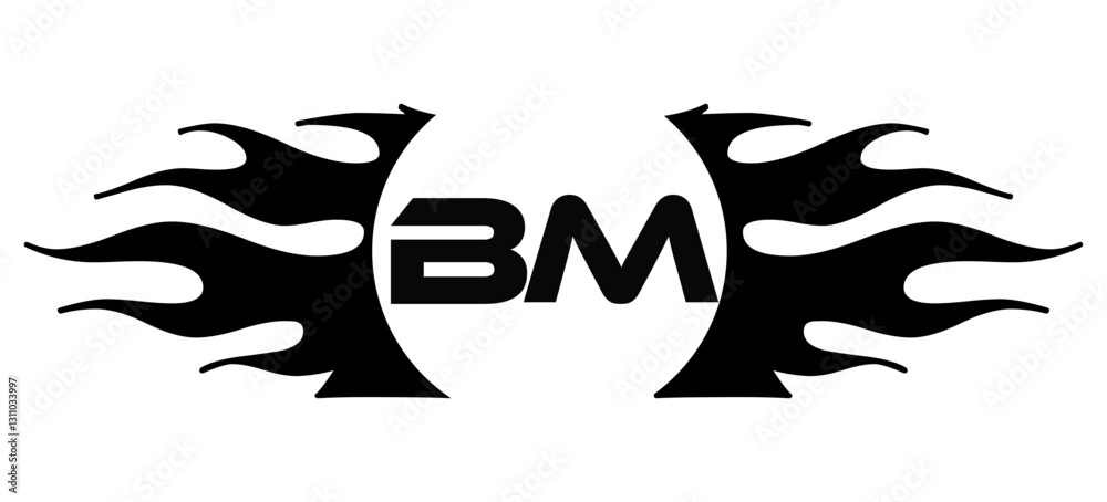 Fototapeta premium Futuristic abstract Logo with Fiery Flame Motif and Geometric 'BM' Emblem, Black and White Artwork
