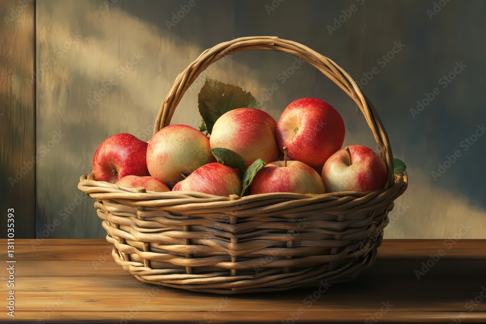 A close-up of a wicker basket filled with perfectly ripe Gala apples, sitting on a wooden table, soft natural lighting, ultra-detailed rendering A close-up of a wicker basket filled with perfectly ripe Gala apples, sitting on a wooden table, soft natural lighting, ultra-detailed rendering