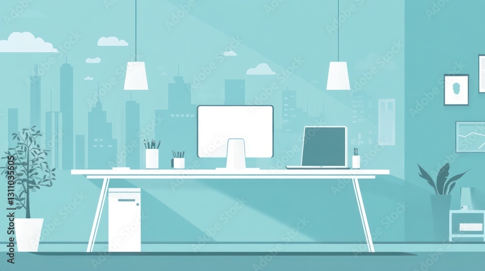 Naklejka premium Minimalist Office Desk View with Cityscape Background
