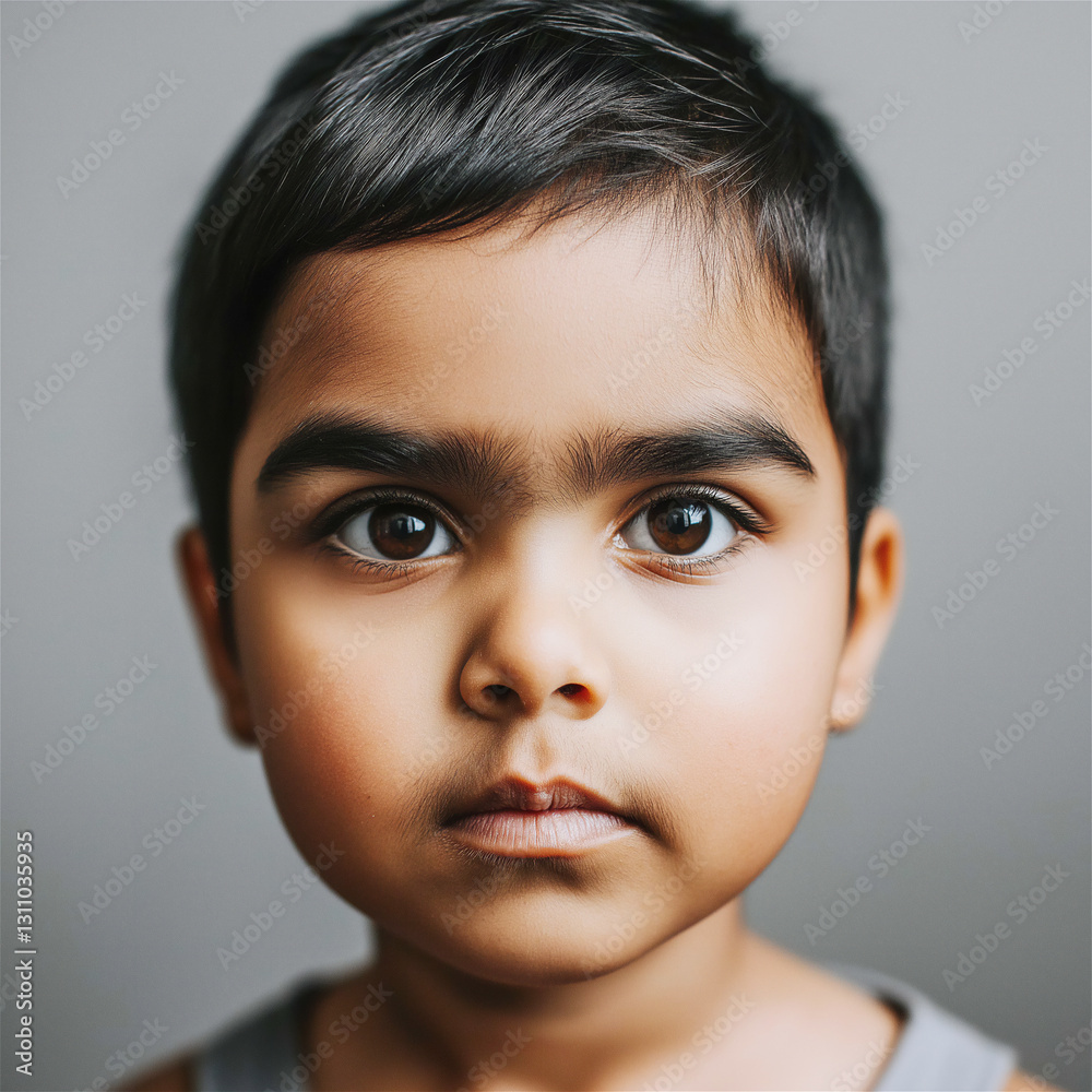 Intense close-up portrait of young boy with dark complexion against neutral background. Capturing authentic childhood innocence and natural expression with dramatic lighting. Intense close-up portrait of young boy with dark complexion against neutral background. Capturing authentic childhood innocence and natural expression with dramatic lighting.