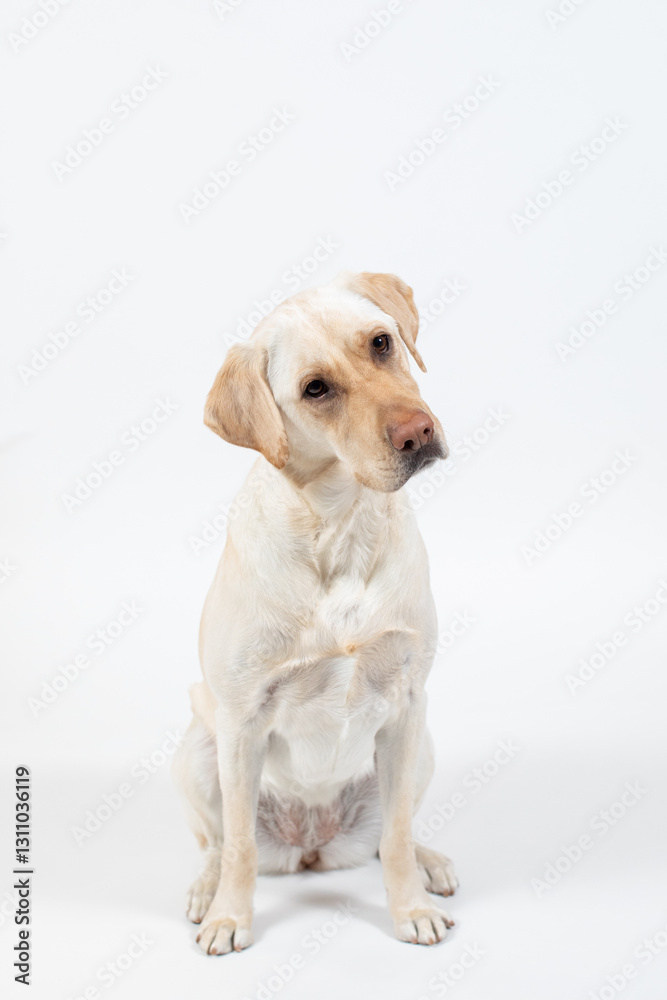Yellow lab dog sitting with tilted head on white background. Yellow lab dog sitting with tilted head on white background.