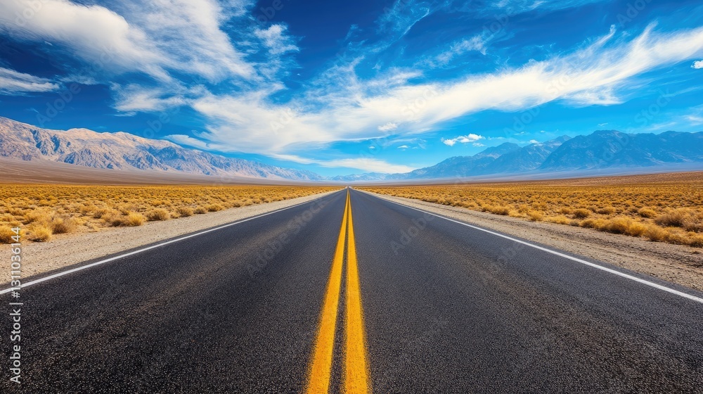 A vast, endless road stretching into the horizon, surrounded by towering mountains. A vast, endless road stretching into the horizon, surrounded by towering mountains.
